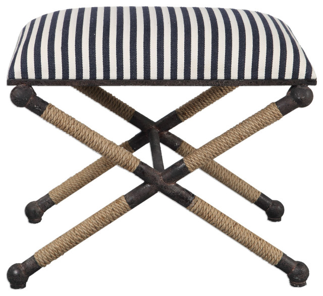 Ramola Coastal Rope Wrapped Navy and Cream Upholstered Small Bench ...