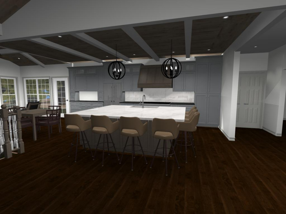 Large single-wall dark wood floor, brown floor and wood ceiling eat-in kitchen photo in St Louis with an undermount sink, shaker cabinets, white cabinets, quartzite countertops, white backsplash, quartz backsplash, black appliances, an island and white countertops