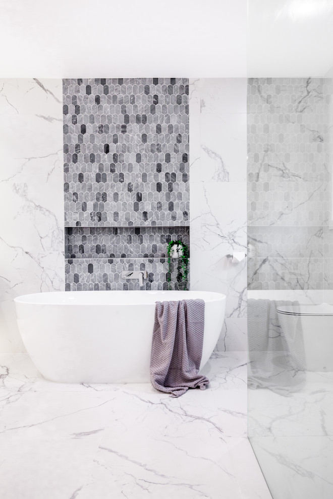 Large master white tile and porcelain tile porcelain tile, white floor and double-sink bathroom photo in Melbourne with flat-panel cabinets, medium tone wood cabinets, a one-piece toilet, white walls, a vessel sink, quartz countertops, white countertops, a niche and a floating vanity