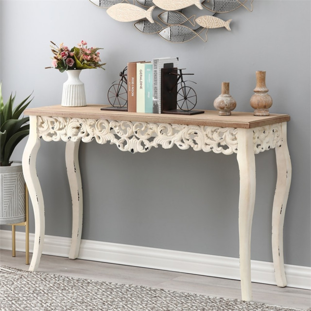Pemberly Row Wood Console Entry Table in Off White and Natural - French ...