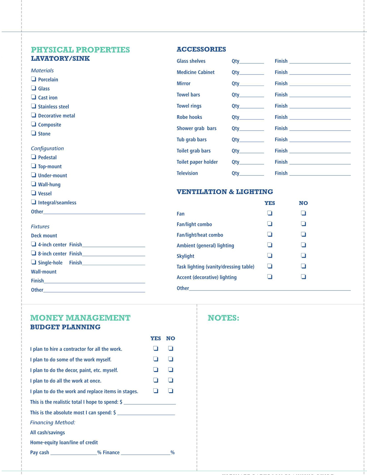 Bathroom Planning Worksheet