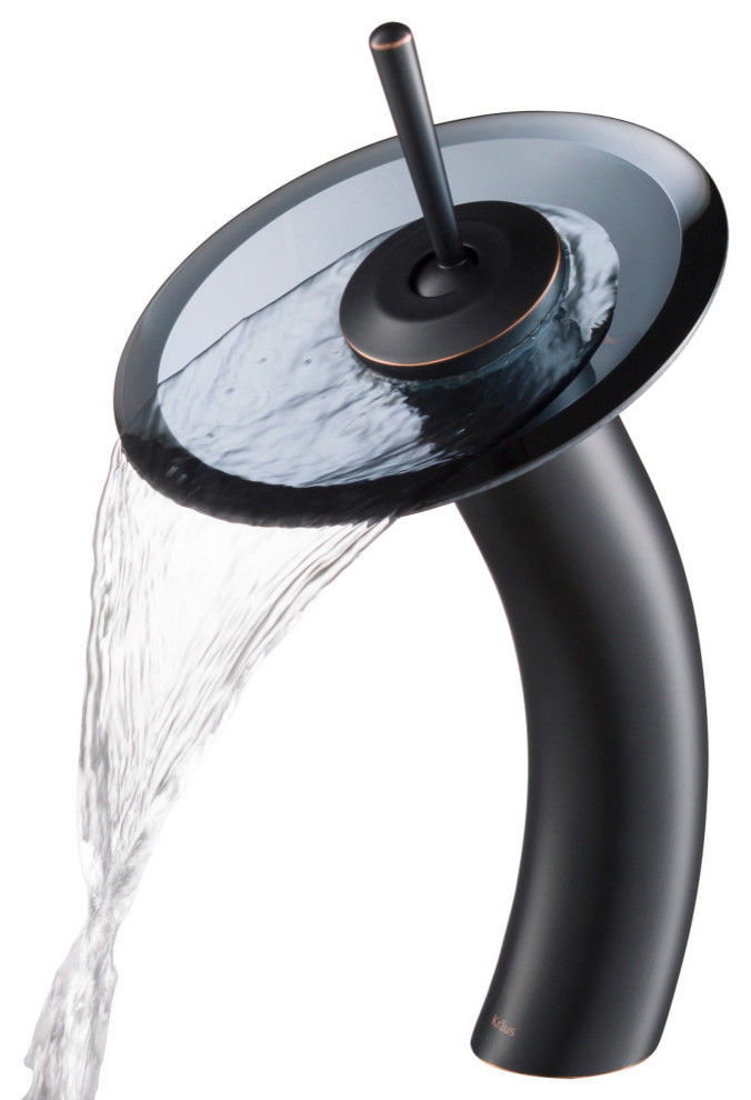 Glass Waterfall Vessel Bathroom Faucet Oil Rub Bronze, Clear Black Glass Disk
