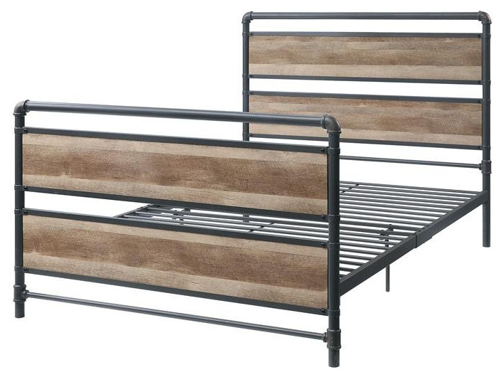 ACME Brantley Metal Full Bed with Wooden Headboard in Antique Oak and