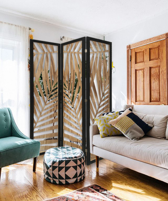 HomeRoots 3 Panel Room Divider With Tropical Leaf Design - Tropical ...