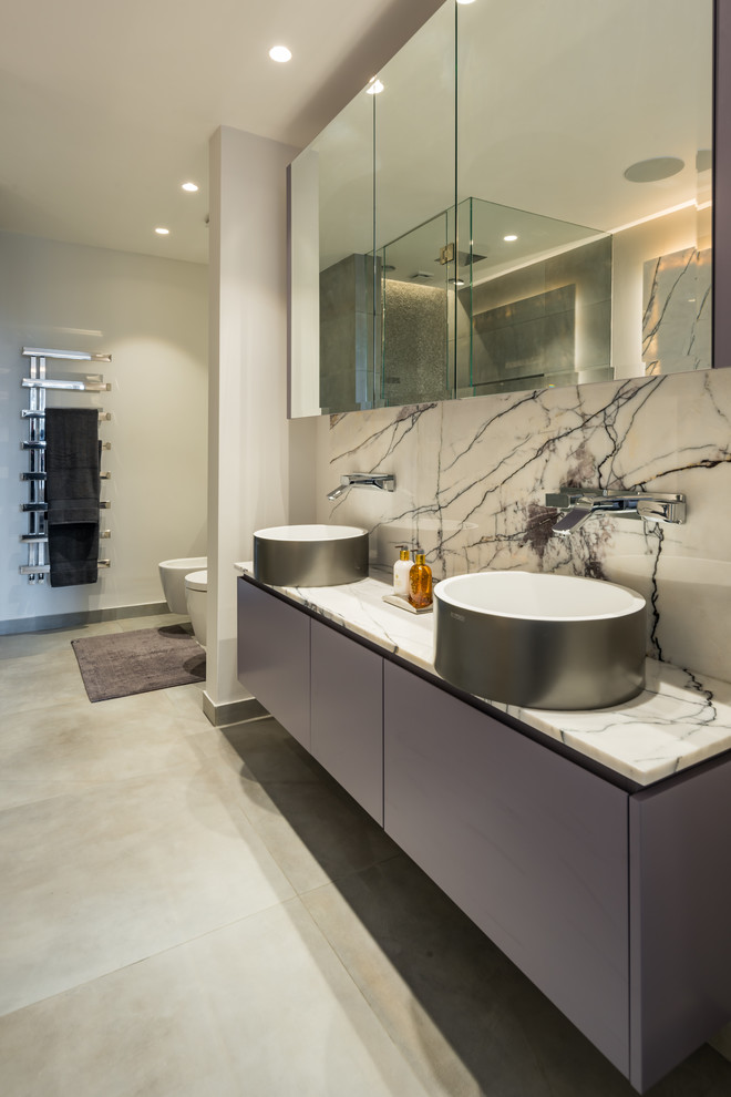 Design ideas for a contemporary master bathroom in London with flat-panel cabinets, grey cabinets, a bidet, a vessel sink, grey floor, white benchtops, white tile and white walls.