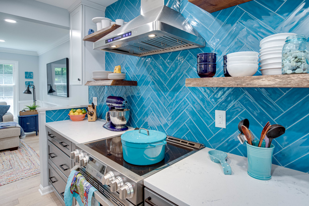 Kitchen - mid-sized transitional galley kitchen idea in DC Metro with an undermount sink, shaker cabinets, quartz countertops, blue backsplash, stainless steel appliances and no island