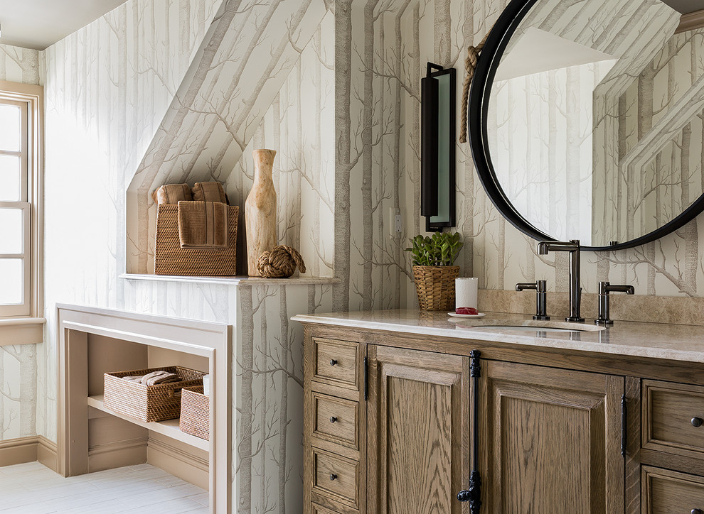 Inspiration for a contemporary bathroom in Boston with recessed-panel cabinets and medium wood cabinets.