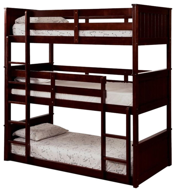 Bowery Hill Transitional Wood Twin Triple Decker Bunk Bed in Dark