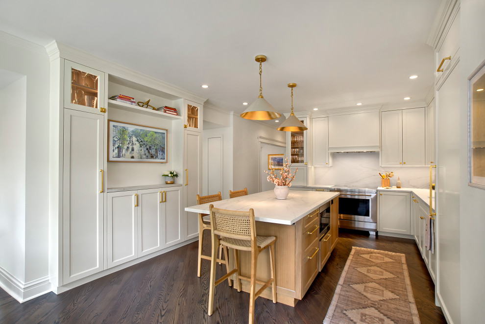 Enclosed kitchen - large transitional u-shaped dark wood floor and brown floor enclosed kitchen idea in Chicago with an undermount sink, shaker cabinets, white cabinets, solid surface countertops, white backsplash, stone slab backsplash, stainless steel appliances, an island and white countertops