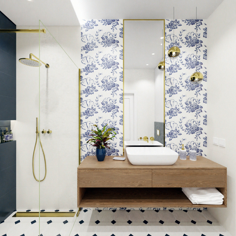 Esempio di una stanza da bagno con doccia tradizionale di medie dimensioni con doccia a filo pavimento, pareti bianche, pavimento bianco, doccia aperta e un lavabo