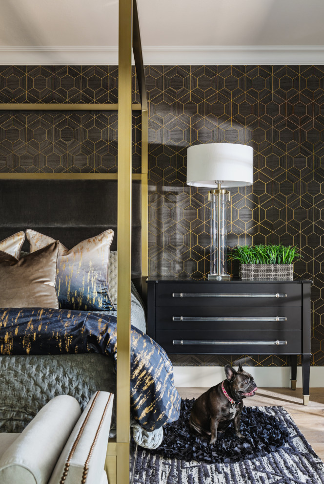 Inspiration for a large transitional master bedroom in Phoenix with black walls, light hardwood floors and wallpaper.