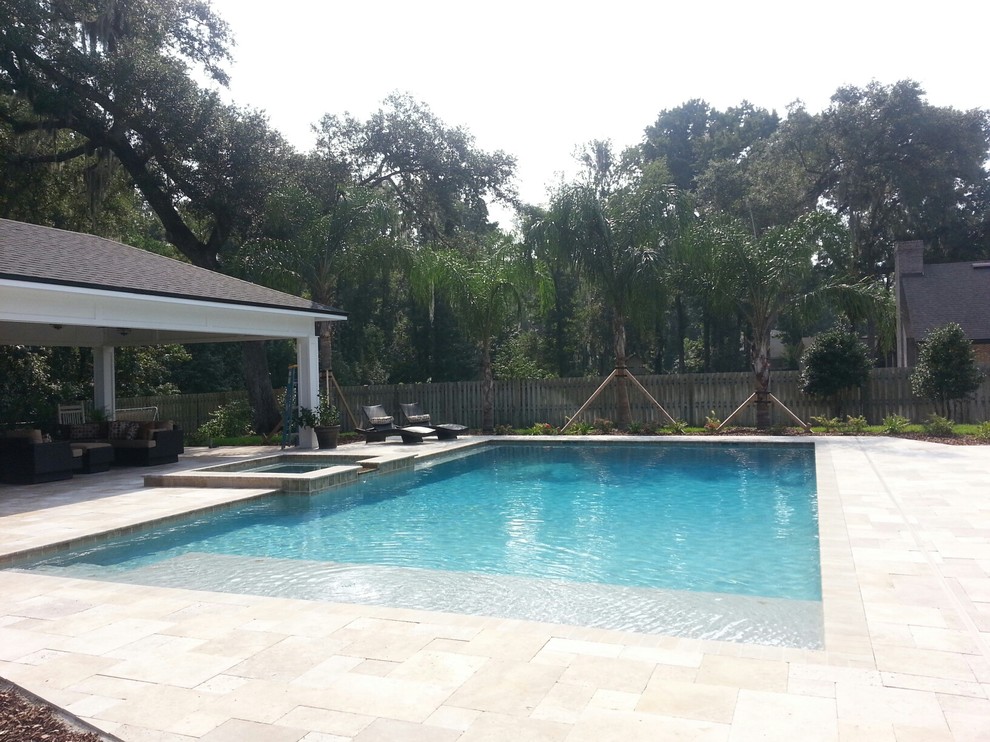 Pool house - mid-sized transitional backyard tile and rectangular lap pool house idea in Jacksonville