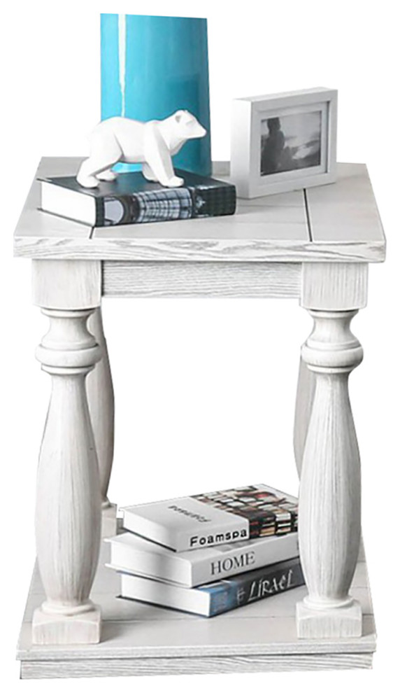 Wooden End Table With Bottom Shelf, Antique White Finish Traditional
