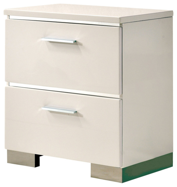 Contemporary Nightstand, 2 Drawers With Silver Pulls & Back USB Ports, White Contemporary