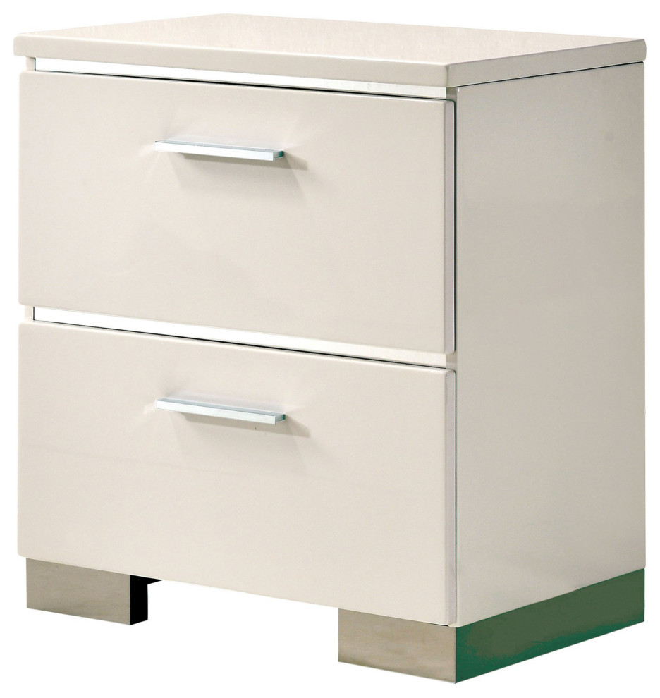 Contemporary Nightstand, 2 Drawers With Silver Pulls & Back USB Ports