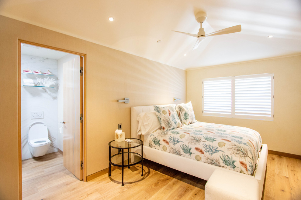 Photo of a coastal guest bedroom in Other with a wood ceiling.