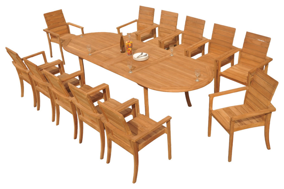 13Piece Outdoor Teak Dining Set 117" Oval Table, 12 Alps Stacking Arm