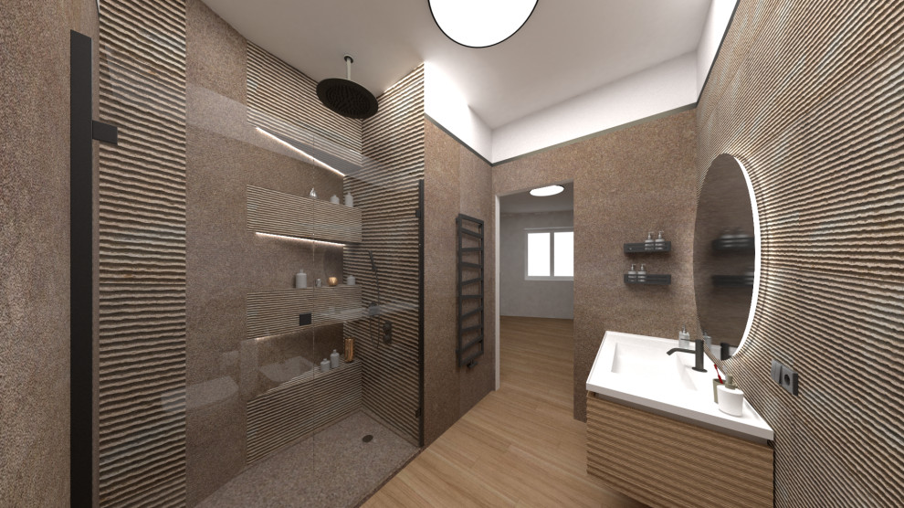 Design ideas for a medium sized contemporary shower room bathroom in Rome with beaded cabinets, light wood cabinets, a built-in shower, a two-piece toilet, stone slabs, white walls, light hardwood flooring, a built-in sink, solid surface worktops, a hinged door, white worktops, a wall niche, a single sink, a floating vanity unit, a drop ceiling and panelled walls.