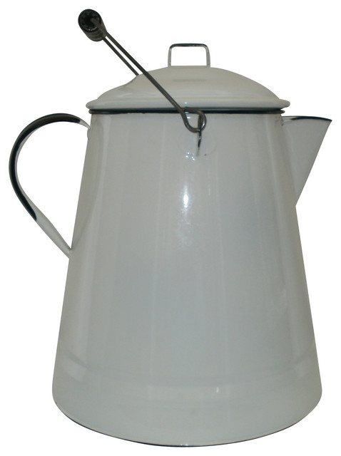 Consigned Large White Enamel Cowboy Coffee Pot Farmhouse Consigned Large White Enamel Cowboy Coffee Pot