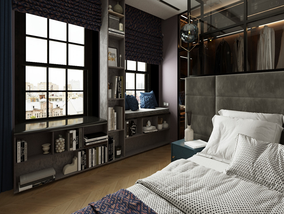 Idee per una camera matrimoniale contemporanea di medie dimensioni con pareti viola, pavimento in laminato e pavimento marrone