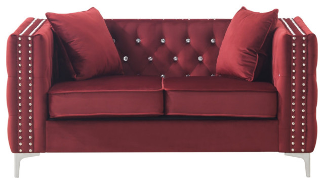 Paige 63 in. Velvet 2-Seater Sofa With 2-Throw Pillow, Burgundy