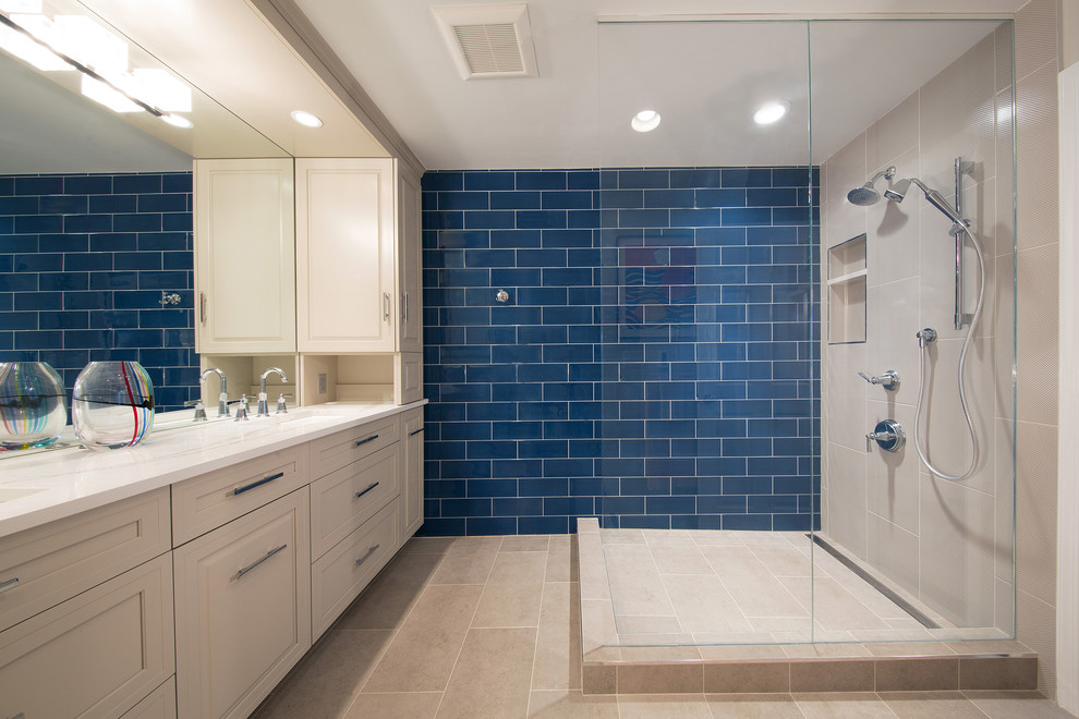 Small master bathroom in DC Metro with beaded inset cabinets, white cabinets, an open shower, blue tile, subway tile, beige walls and granite benchtops.
