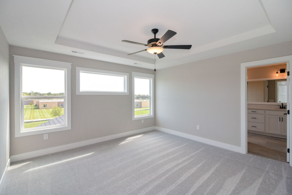 Large transitional master carpeted and gray floor bedroom photo with gray walls