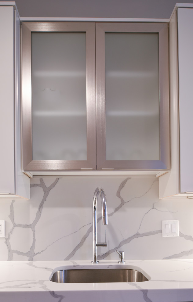 Example of a small eclectic galley dark wood floor and brown floor enclosed kitchen design in Boston with an undermount sink, flat-panel cabinets, white cabinets, quartz countertops, white backsplash, stone slab backsplash, stainless steel appliances, no island and white countertops