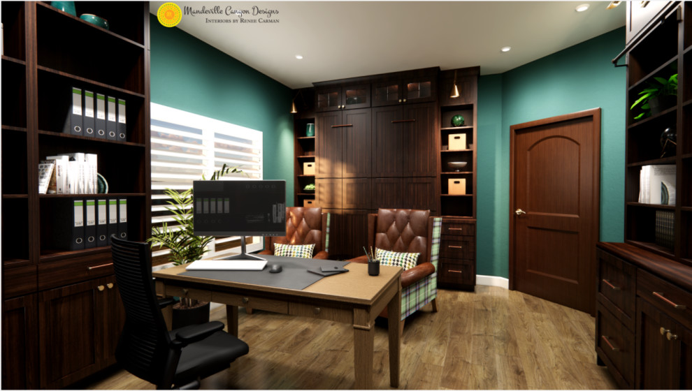 Design ideas for a mid-sized transitional home office in Other with a library, green walls, vinyl floors, a freestanding desk and brown floor.