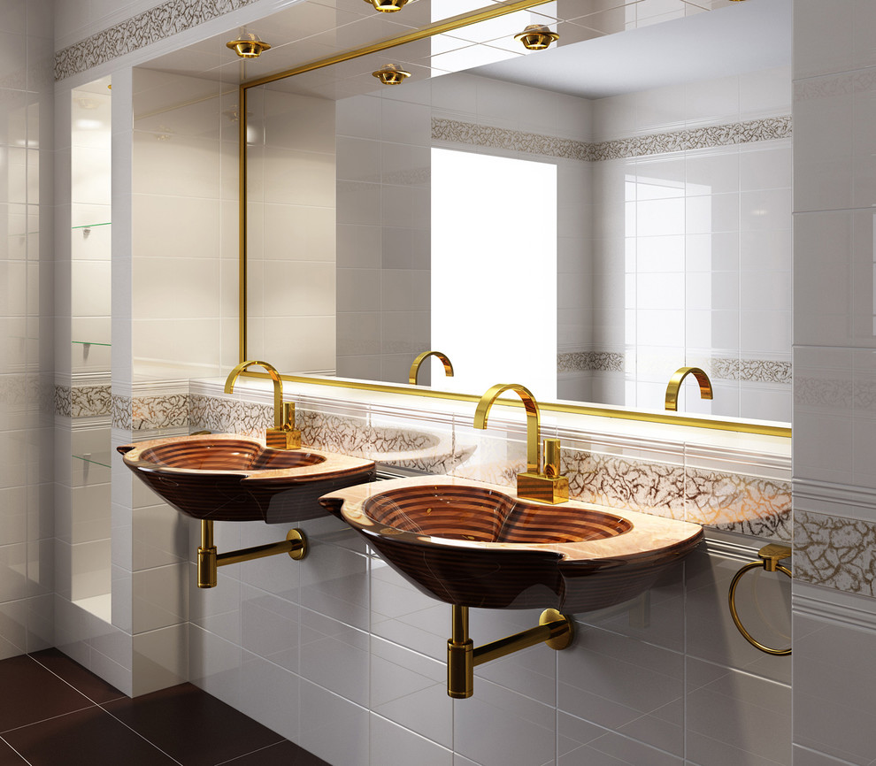 This is an example of a mid-sized traditional 3/4 bathroom in Cologne with white tile, white walls, a wall-mount sink, brown floor and ceramic tile.