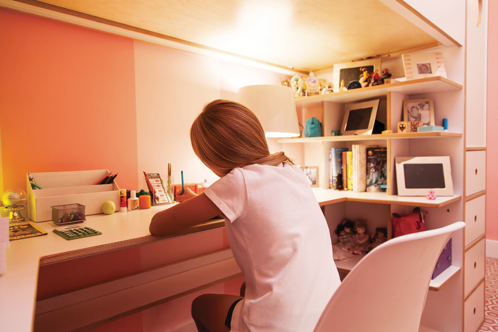 Small contemporary kids' room in New York with pink walls and carpet for girls.