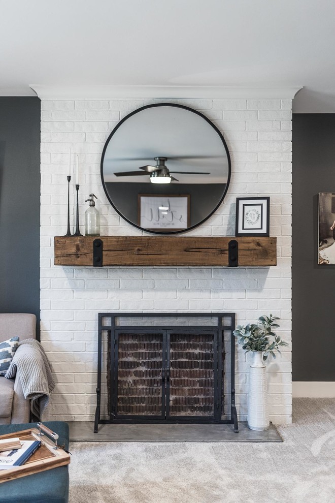 Inspiration for a large country master bedroom in Dallas with grey walls, carpet, a standard fireplace, a brick fireplace surround and beige floor.