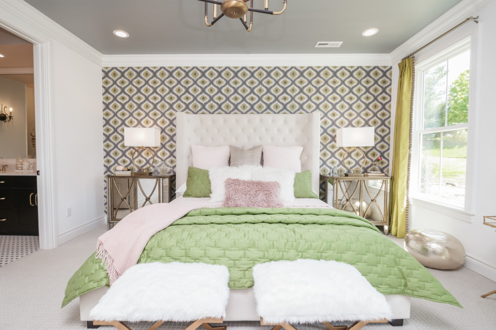 Inspiration for a large transitional master bedroom in Atlanta with white walls, carpet, no fireplace, white floor and wallpaper.