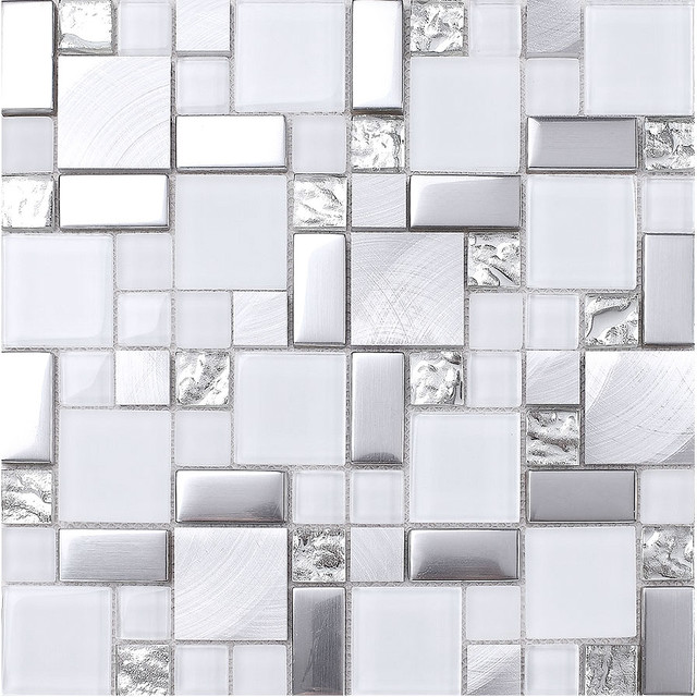 Shop Houzz  Mosaic Decor White Gray Metal Glass Mosaic Kitchen Backsplash Tile  Mosaic Tile