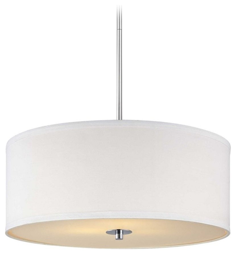 Contemporary Pendant Light with White Drum Shade in Chrome Finish 