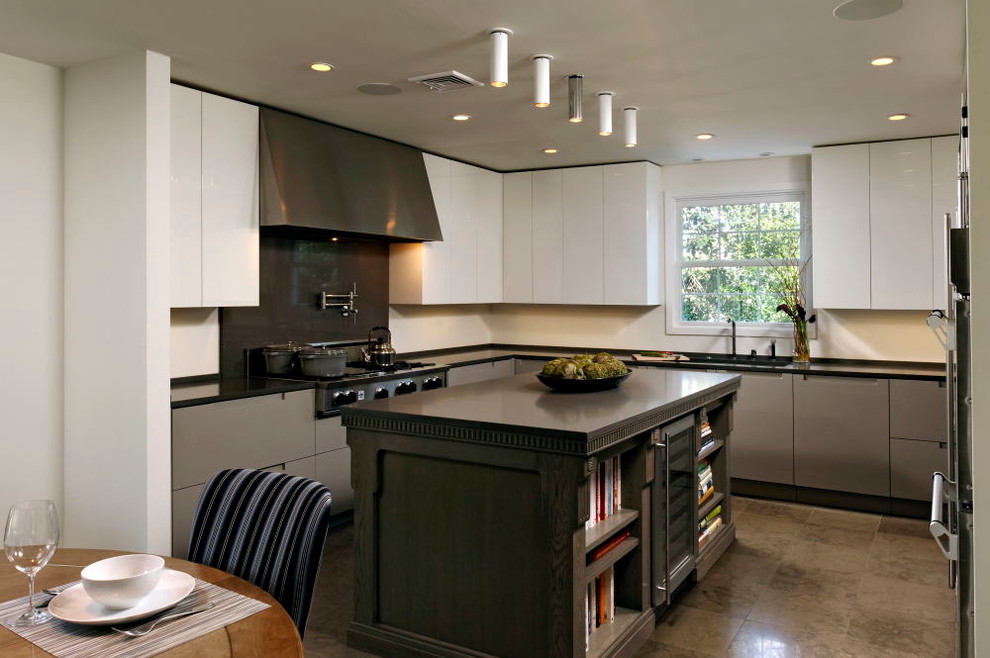 This is an example of a mid-sized modern u-shaped eat-in kitchen in DC Metro with an undermount sink, flat-panel cabinets, grey cabinets, solid surface benchtops, black splashback, stone slab splashback, stainless steel appliances, ceramic floors and with island.