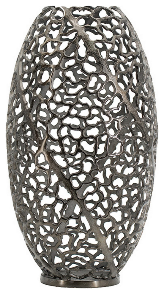 14" Aluminum Accent Vase, Tall Curved Cut Out Design, Intricate Details