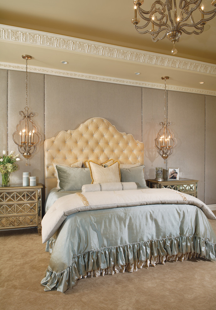 Inspiration for a large traditional master bedroom in Phoenix with carpet, grey walls, no fireplace and brown floor.