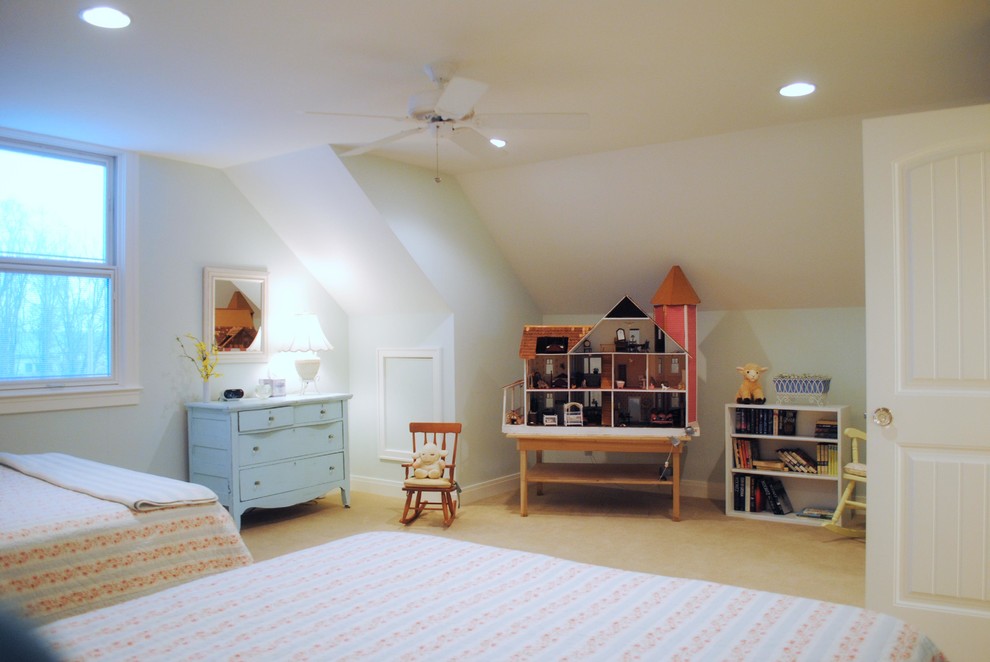 This is an example of a large beach style guest bedroom in Grand Rapids with blue walls, carpet and no fireplace.