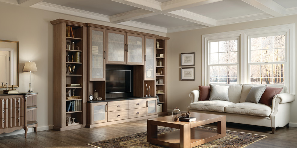 Inspiration for a large traditional enclosed living room in Nashville with beige walls, dark hardwood floors, no fireplace and a built-in media wall.