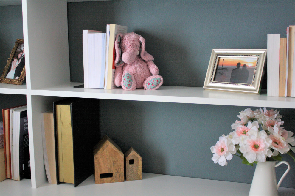 Nursery - mid-sized girl carpeted and blue floor nursery idea with white walls