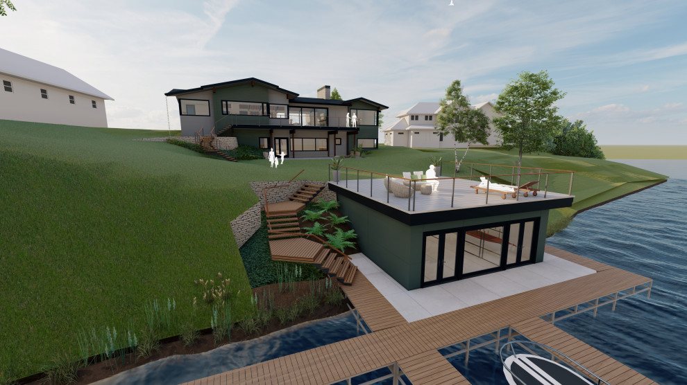 Idee per la villa moderna a due piani con rivestimento con lastre in cemento, tetto a capanna, copertura a scandole e tetto nero