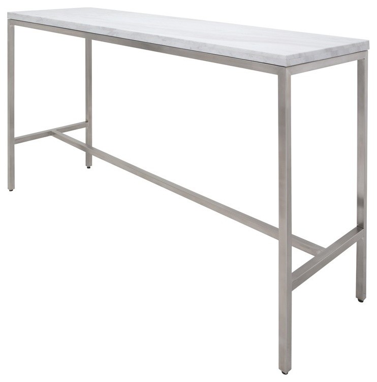 60" Long Bar Table Solid White Marble Top Brushed Stainless Steel Base