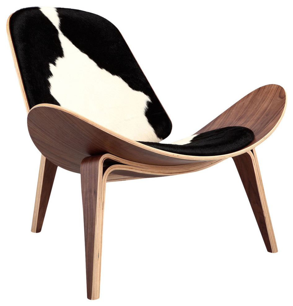 Tripod Plywood Lounge Chair, Genuine Cowhide With Walnut Base, Black/White