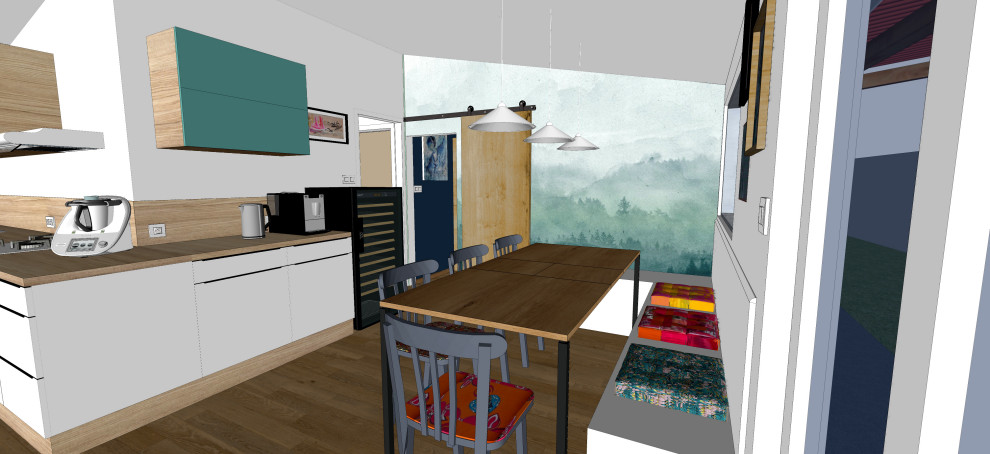 Inspiration pour une petite salle à manger bohème avec une banquette d'angle, un mur bleu, un sol en bois brun, aucune cheminée, un sol marron, un plafond en bois et du papier peint.
