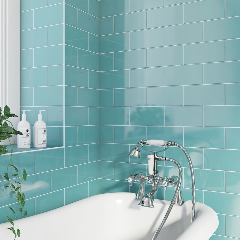 Claw-foot bathtub - mid-sized coastal master blue tile and subway tile claw-foot bathtub idea in Other with blue walls