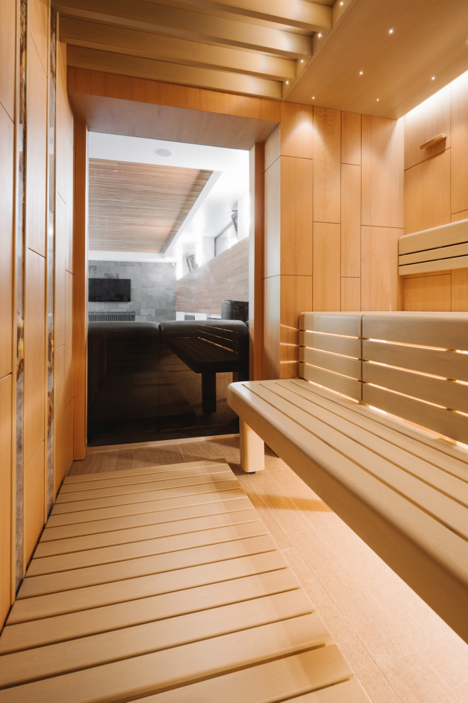 Освещение - звездное небо, точечная подсветка балок, светильники под полками.