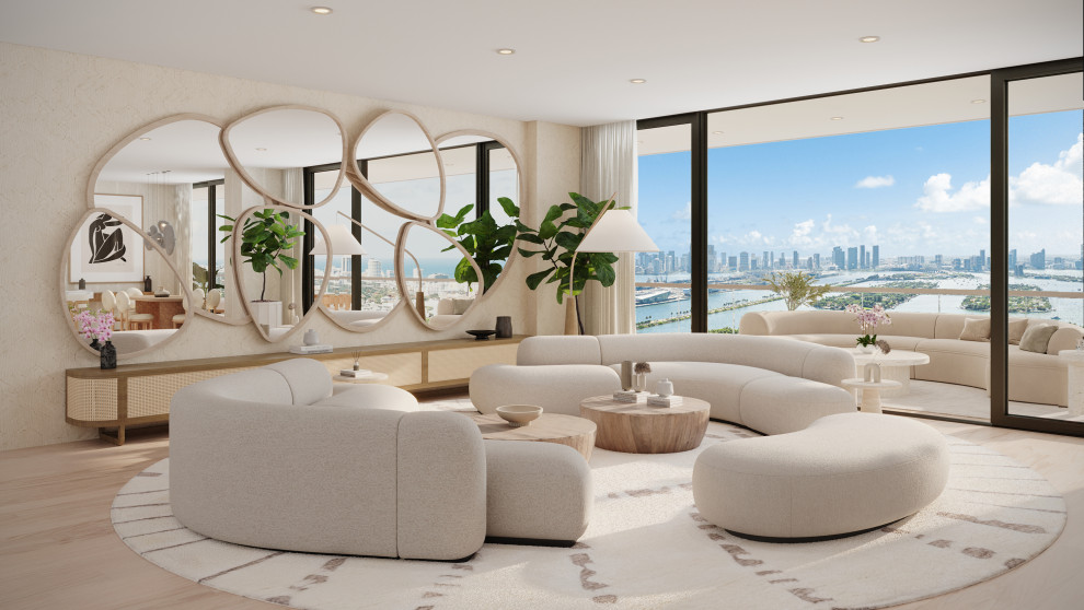 Immagine di un grande soggiorno moderno aperto con sala formale, pareti beige, parquet chiaro, pavimento beige e carta da parati
