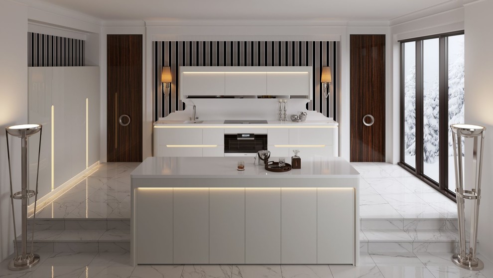 Photo of a large contemporary kitchen in Moscow with a double-bowl sink, white cabinets, white splashback and with island.