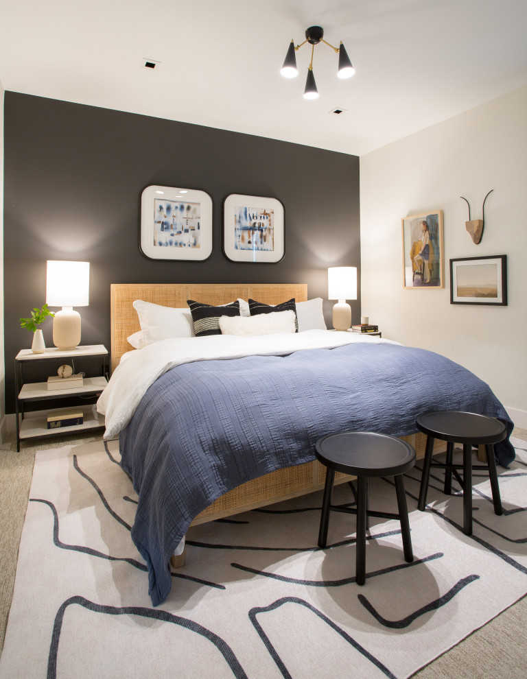 Mid-sized modern guest bedroom in Seattle with white walls, carpet and beige floor.